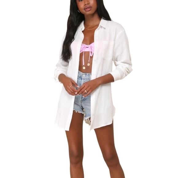 Lulus Easy To See White Cotton Oversized Button-Up Top size Large - Picture 1 of 7